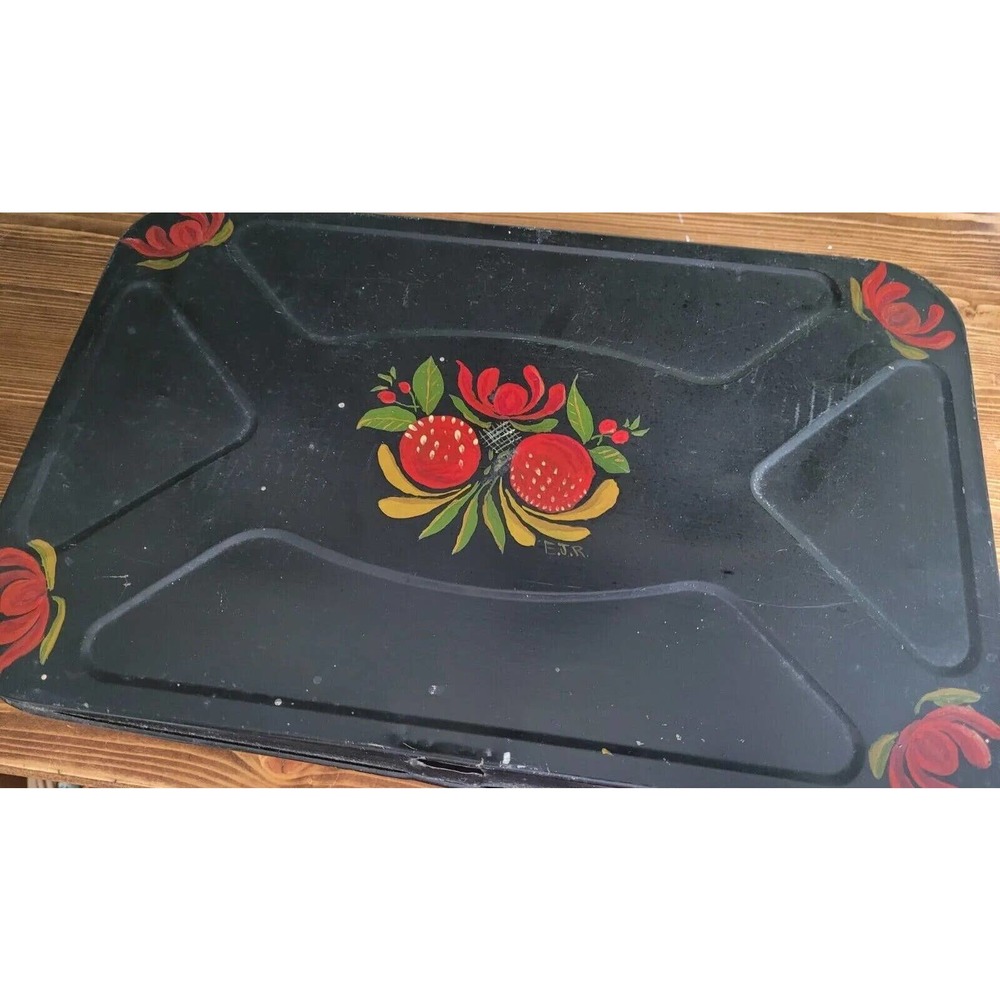 Vintage Toleware Metal Tin Storage box Folk Art